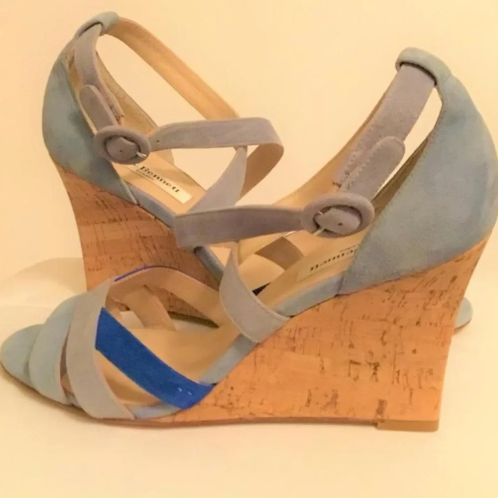 L.K. Bennett Light Blue and Blue Katie Suede Cork Wedges 39 9 - Picture 2 of 6